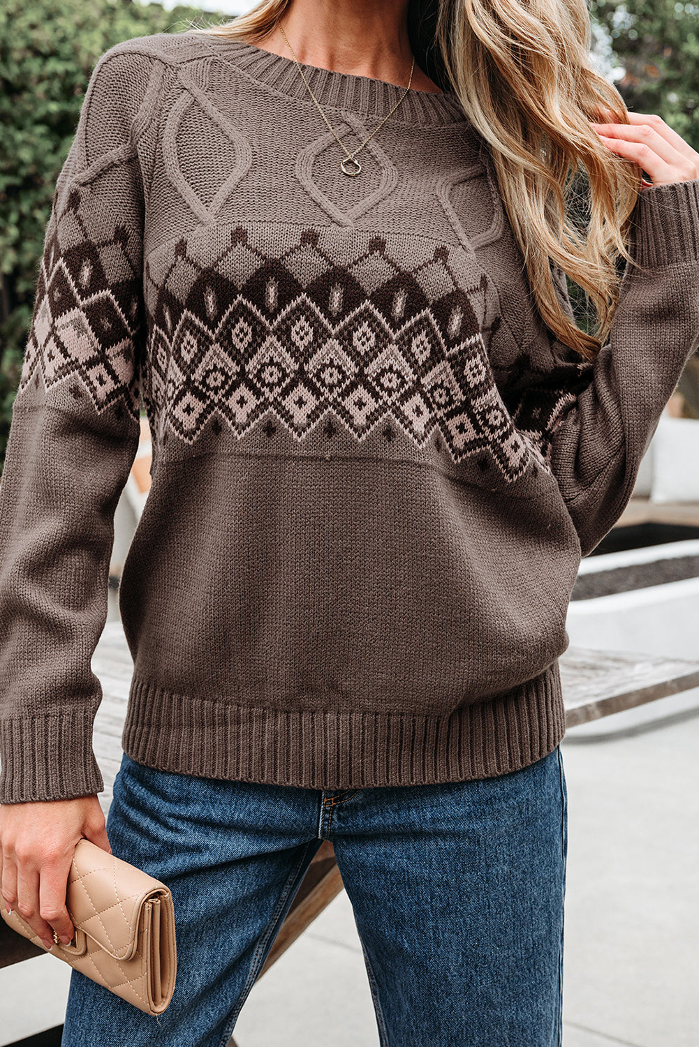 Alana Western Geometric Patterned Crew Neck Knitted Sweater Threaded Pear