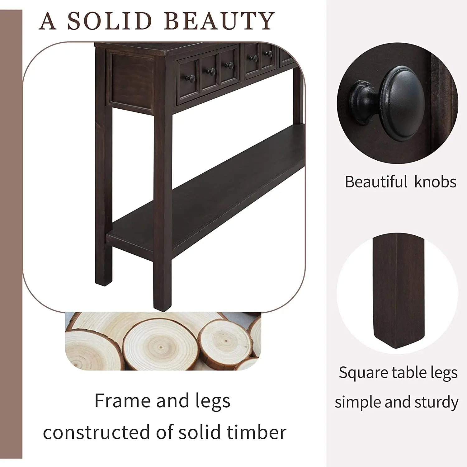 Rustic 60 Inch Console Table With Drawers And Shelf-4