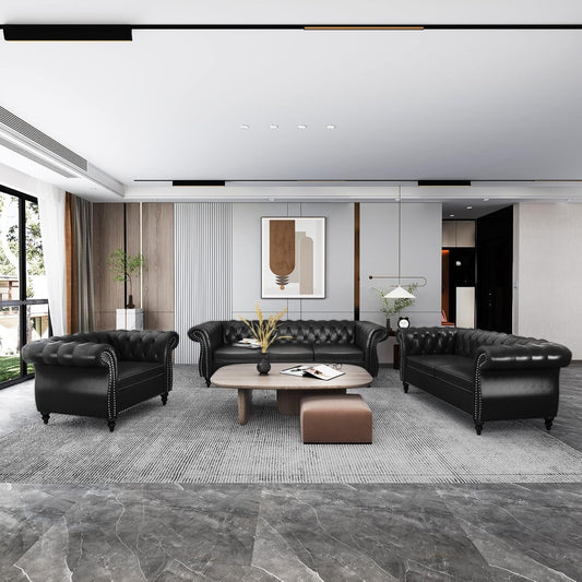 3 Piece Living Room Set Sectional Chesterfield Sofa Chair Artificial Leather Black ShipItFurniture