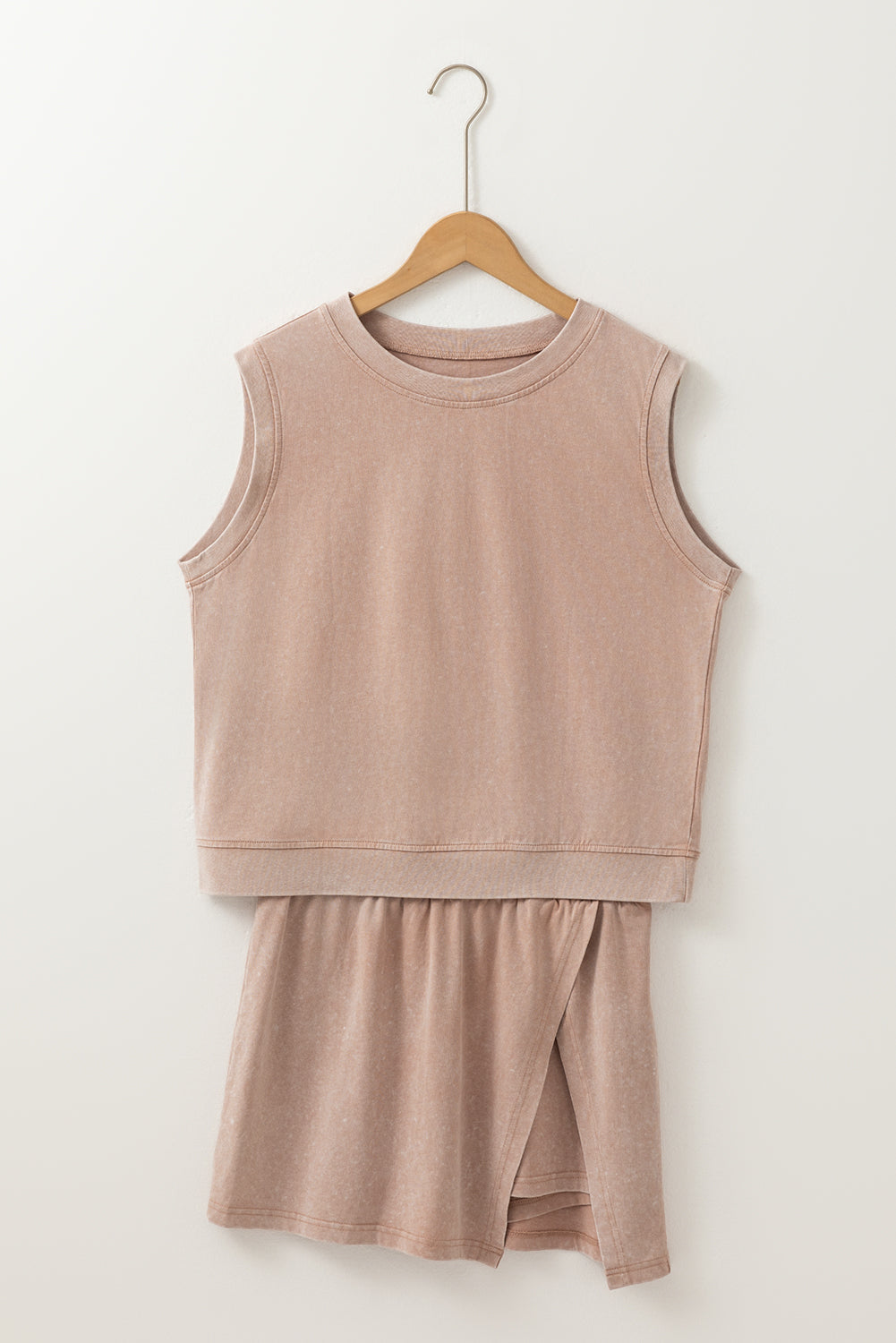 Aria 2 Pieces Mineral Wash Cotton Tank Top Lined Split Skirt Set Threaded Pear