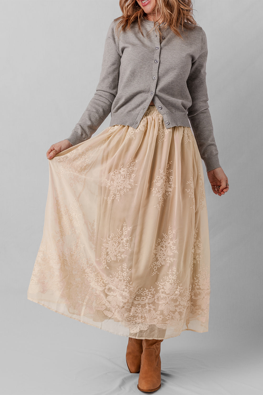 Vivienne Embroidered Mesh Overlay Long Skirt Threaded Pear