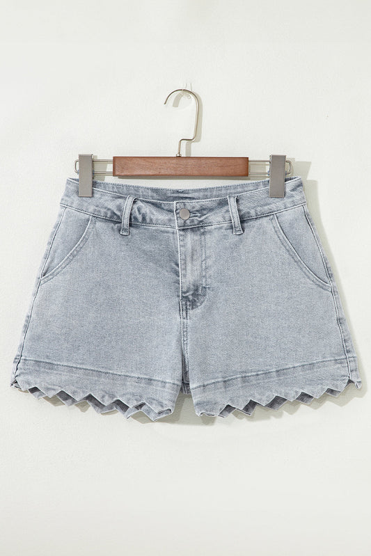 Scalloped Acid Wash High Waist Denim Shorts