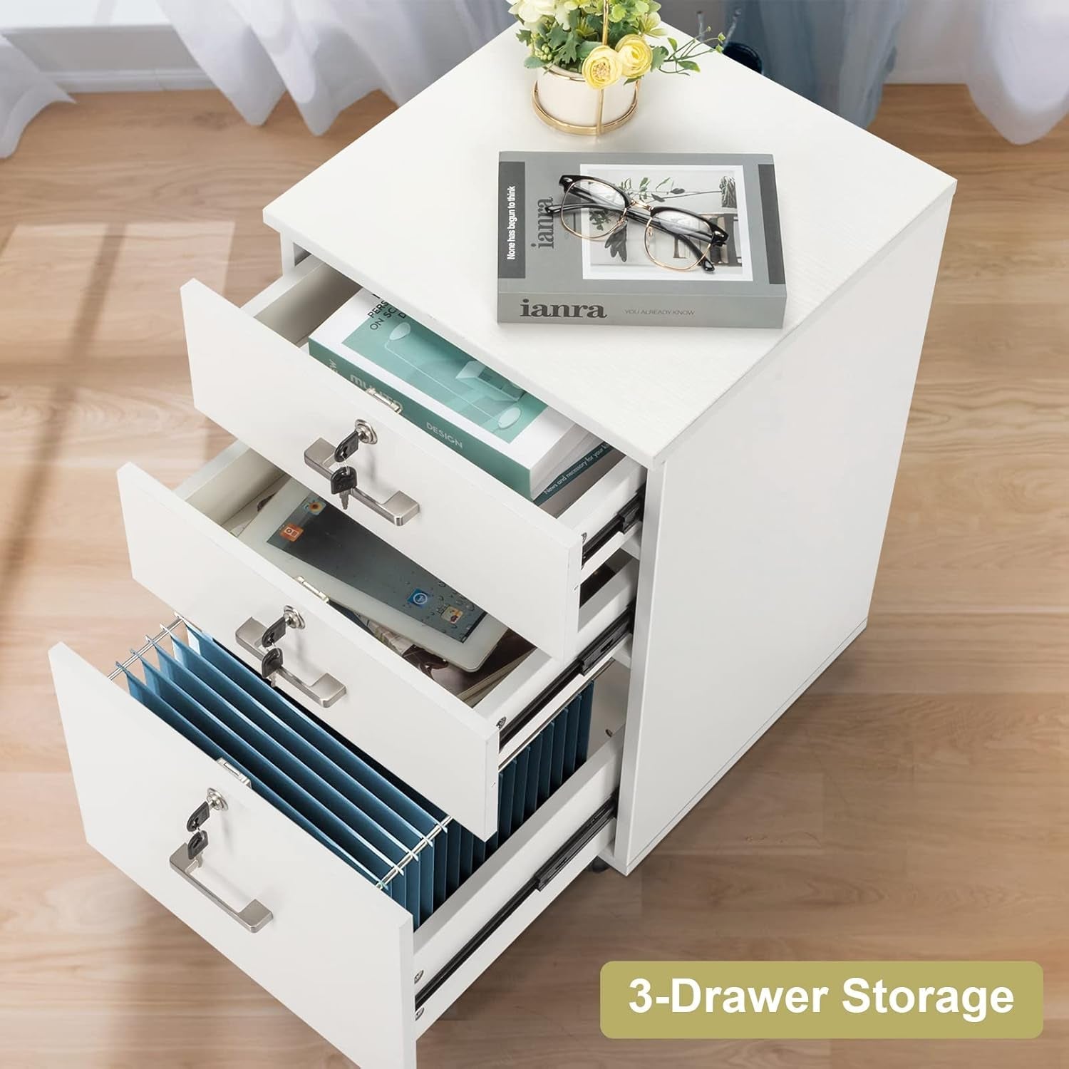 White Mobile File Cabinet 3 Drawer Lockable Office Storage ShipItFurniture