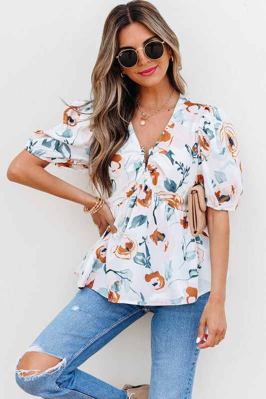 Salome Floral Puff Sleeve V Neck Babydoll Blouse