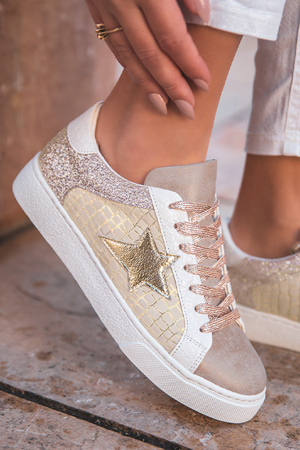 Clare Gold Glitter Star Lace-up Sneakers Threaded Pear