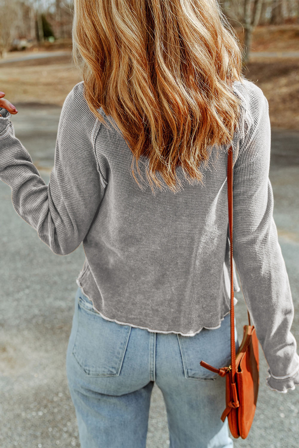 Daisy Textured Round Neck Long Sleeve Top Threaded Pear