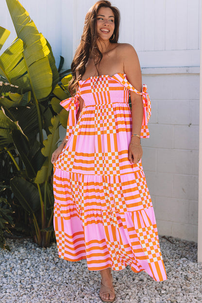 Elyse Boho Gingham Tied Straps Smocked Maxi Dress