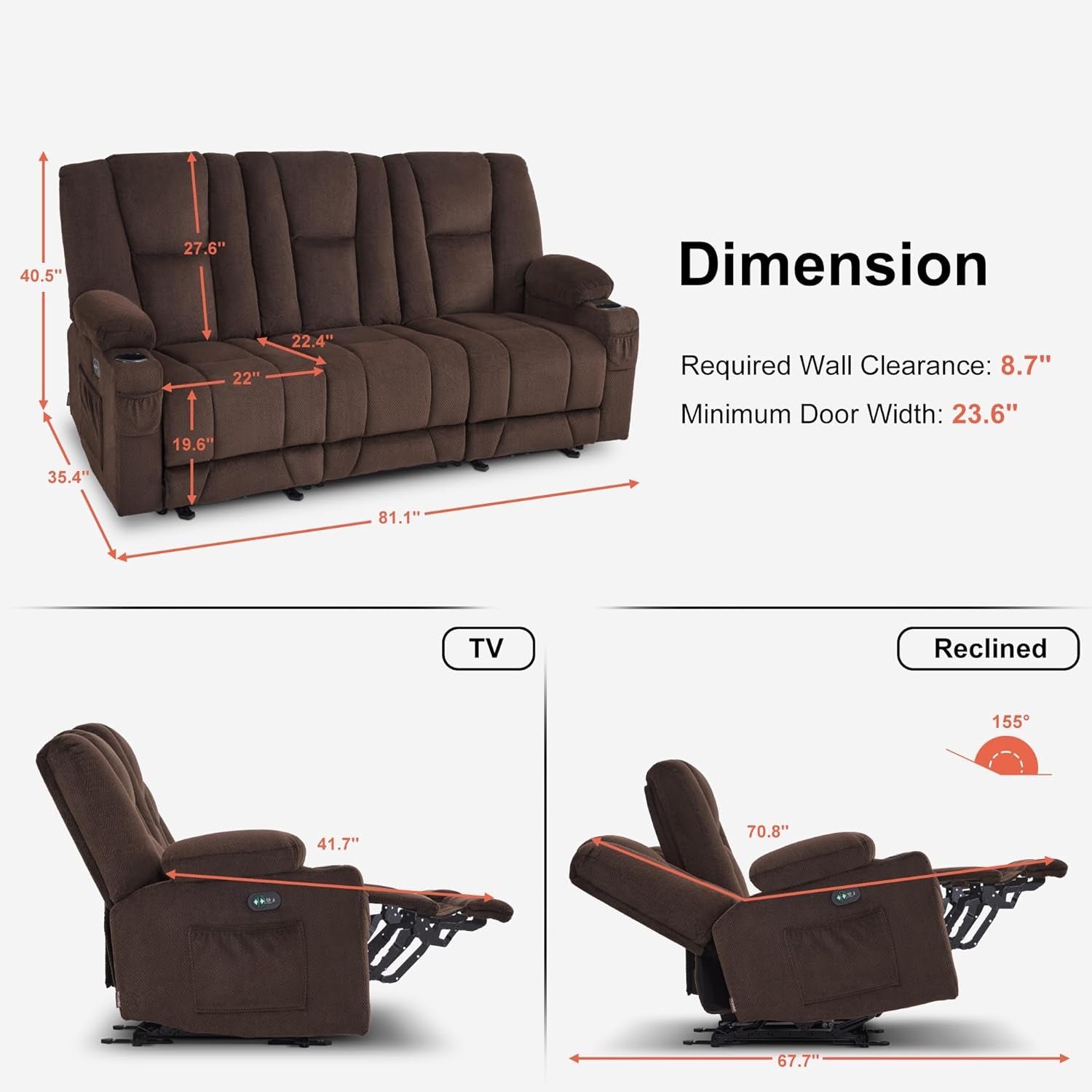 Power Reclining Sofa 3 Seat With Heat And Vibration Brown ShipItFurniture
