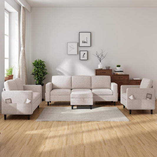 Beige 6 Seater Sectional Sofa With Movable Ottoman ShipItFurniture