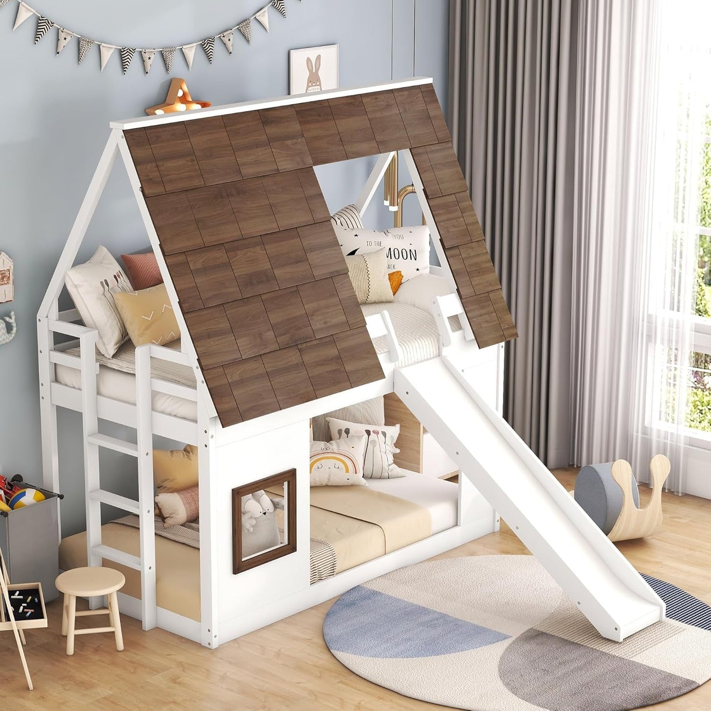 Bunk Bed Twin over Twin, Bunk Bed with Slides and Stairs, House Bunk Bed with Roof, Twin Bunk Bed for Kids, Teens, Kids Bunk Beds, White+Brown ShipItFurniture