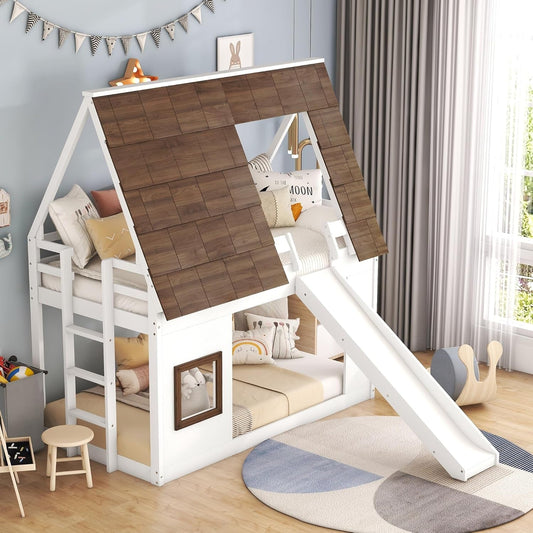 Bunk Bed Twin over Twin, Bunk Bed with Slides and Stairs, House Bunk Bed with Roof, Twin Bunk Bed for Kids, Teens, Kids Bunk Beds, White+Brown ShipItFurniture