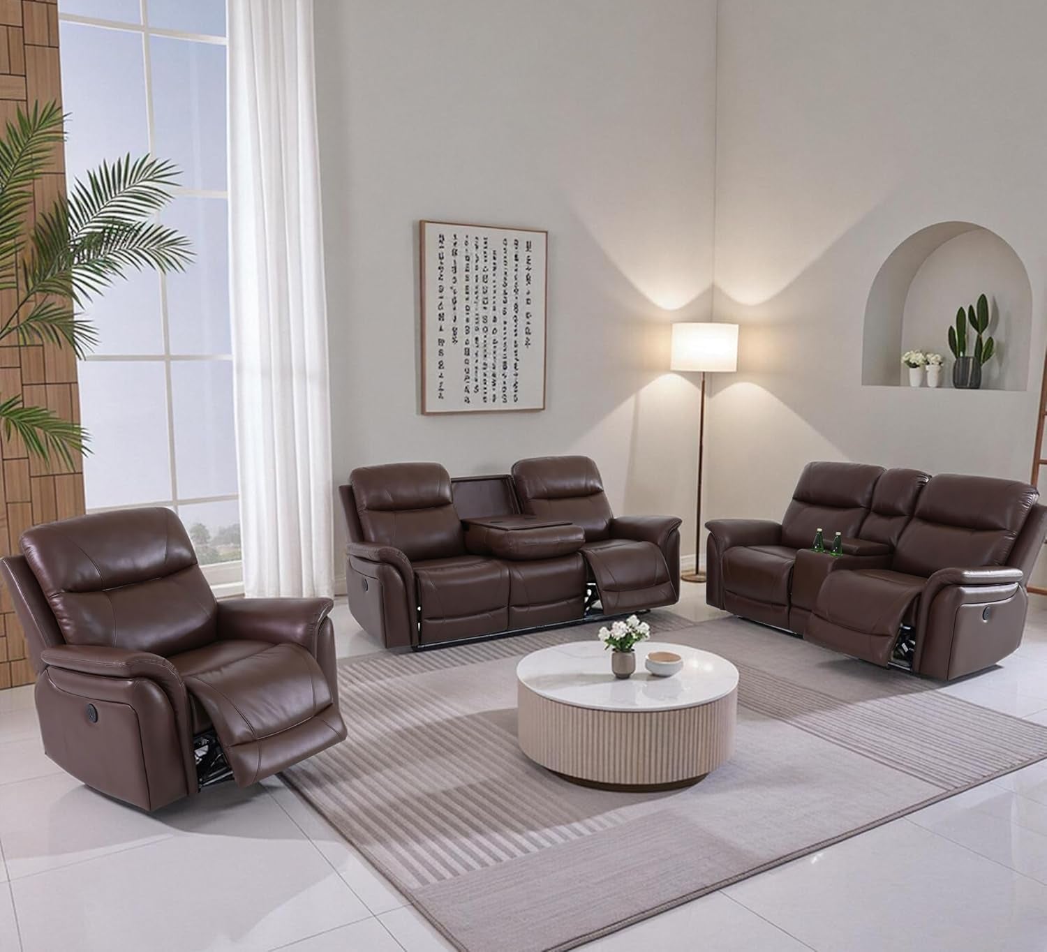 Power Recliner Sofa Set With LED Leather 3 Piece Brown Living Room ShipItFurniture