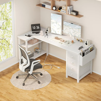White L Shaped Desk 55 Inch With Power Outlet And Storage ShipItFurniture