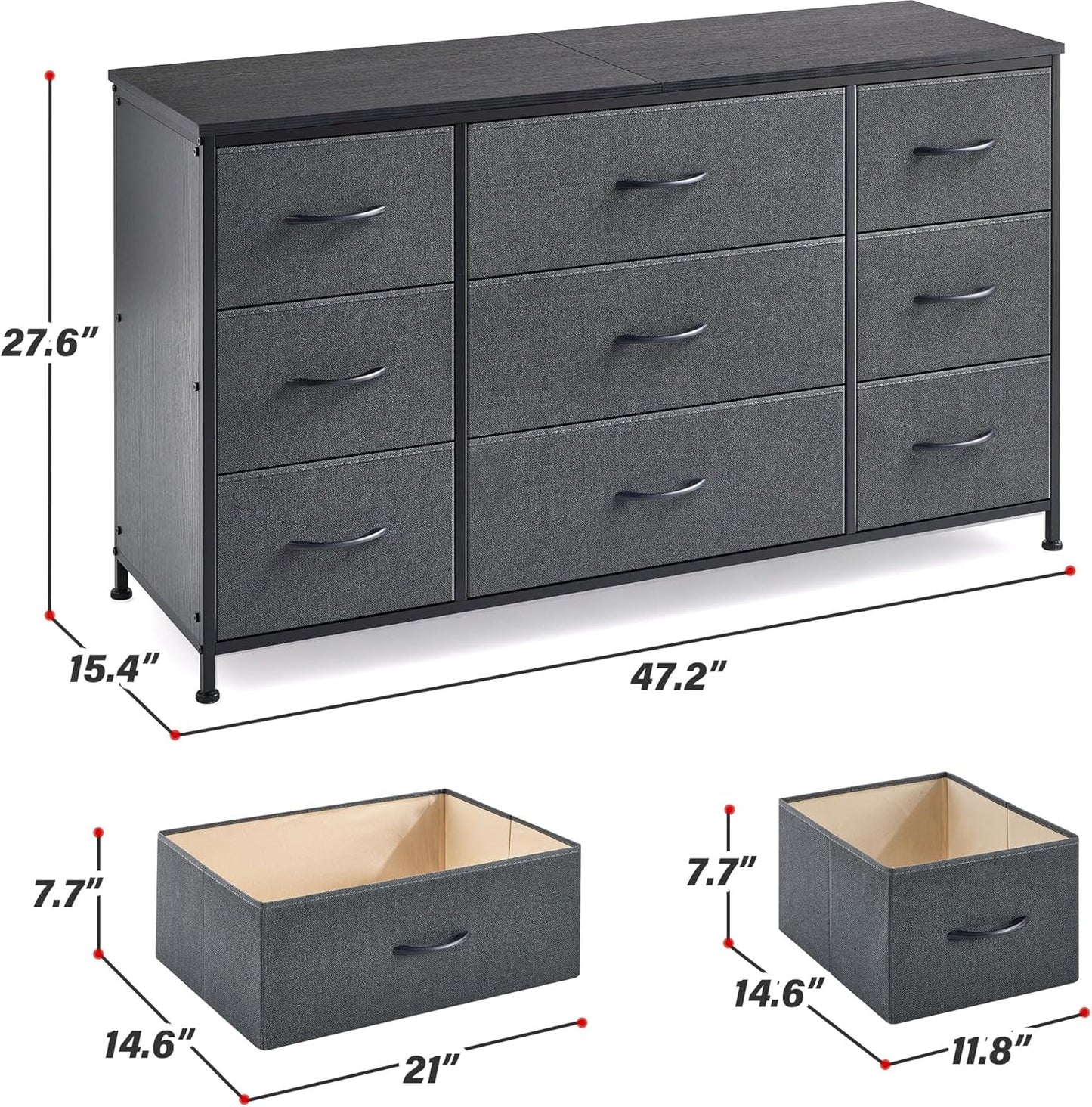 Dresser, Dresser for Bedroom with 9 Drawers, Wide Dresser TV Stand for 55” TV Stand for Bedroom Dresser Long Dressers & Chests of Drawers, Metal Frame&Wood Top, Closet, Hallway, Grey ShipItFurniture