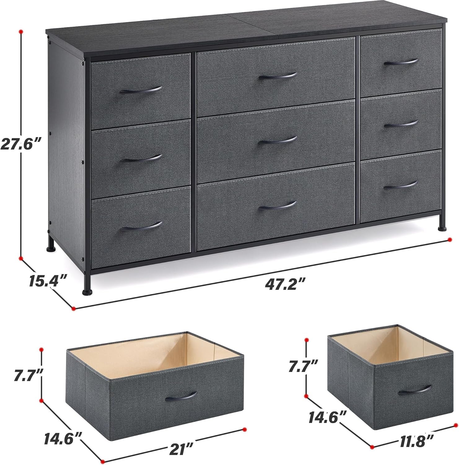 Dresser, Dresser for Bedroom with 9 Drawers, Wide Dresser TV Stand for 55” TV Stand for Bedroom Dresser Long Dressers & Chests of Drawers, Metal Frame&Wood Top, Closet, Hallway, Grey ShipItFurniture