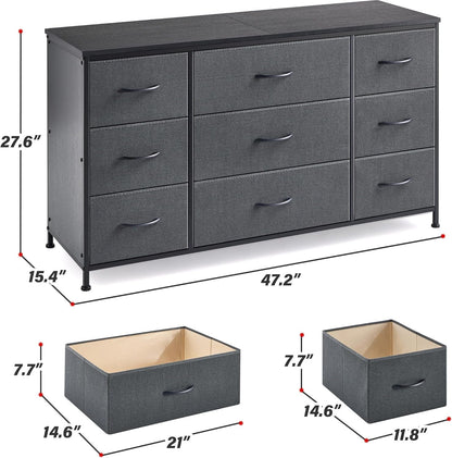Dresser, Dresser for Bedroom with 9 Drawers, Wide Dresser TV Stand for 55” TV Stand for Bedroom Dresser Long Dressers & Chests of Drawers, Metal Frame&Wood Top, Closet, Hallway, Grey ShipItFurniture