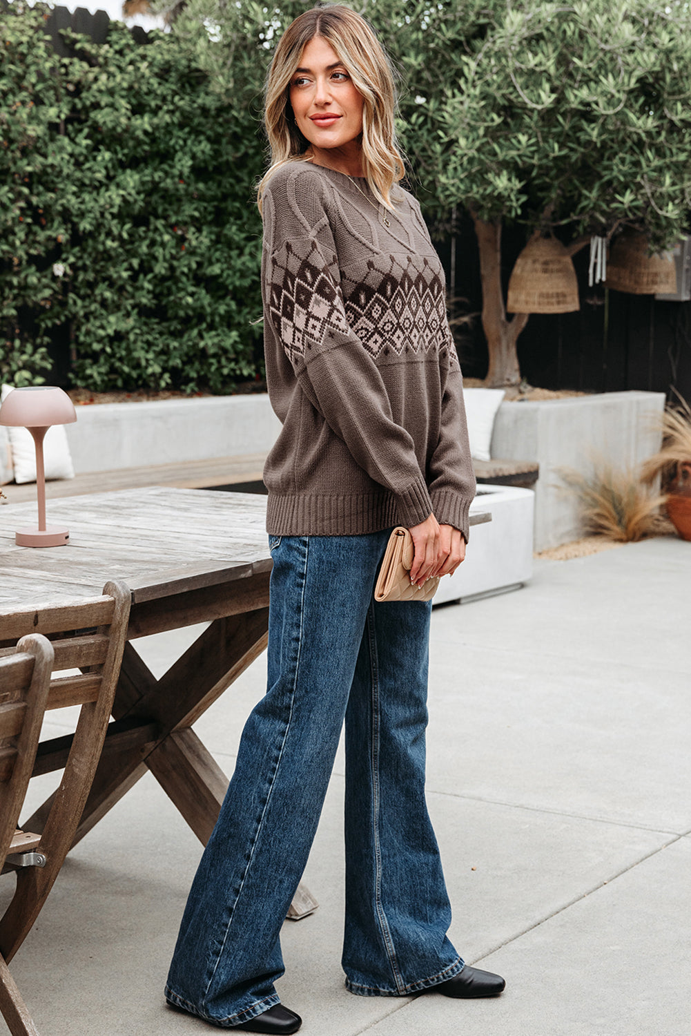 Alana Western Geometric Patterned Crew Neck Knitted Sweater Threaded Pear