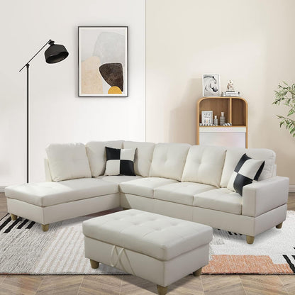 L Shaped Leather Sectional Sofa Left Hand Facing In White ShipItFurniture