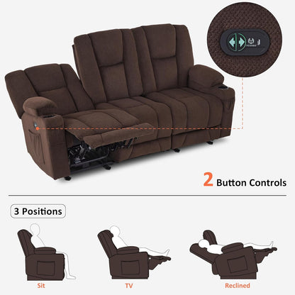 Power Reclining Sofa 3 Seat With Heat And Vibration Brown ShipItFurniture