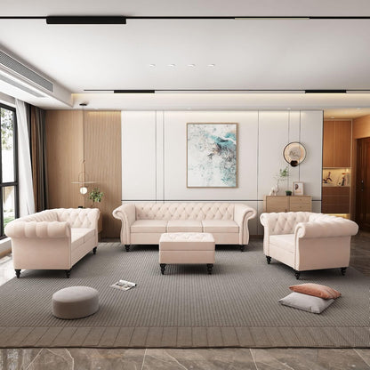 Beige Velvet Sectional Sofa Set With Button Tufting ShipItFurniture