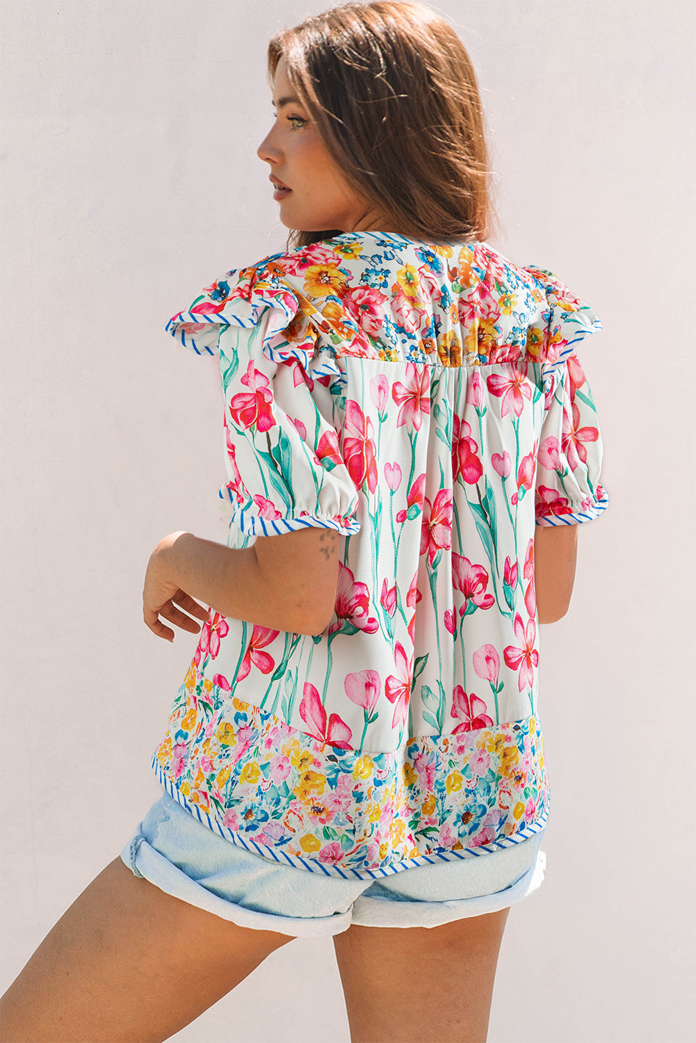 Greta Floral Split Neck Short Sleeve Blouse