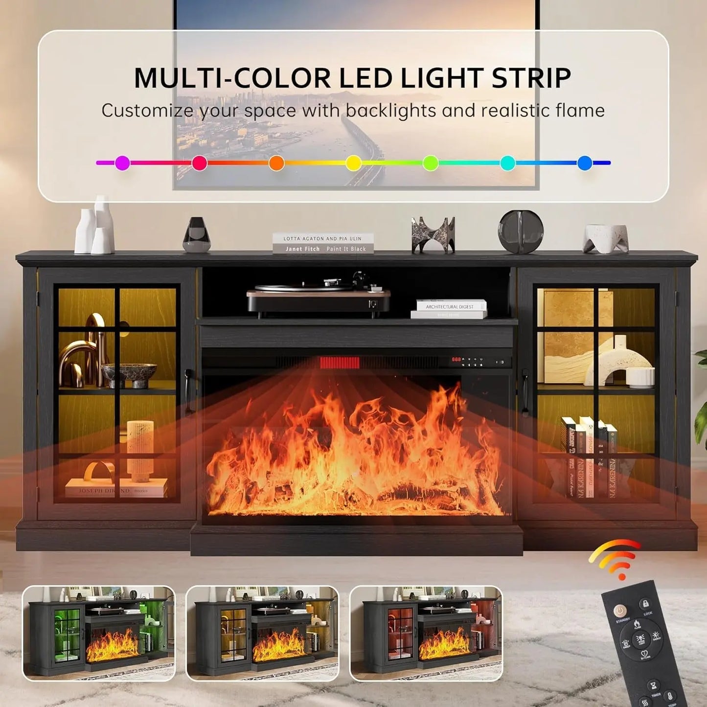 80 Inch Black Fireplace TV Stand ThreeSidedGlassPanel ShipItFurniture