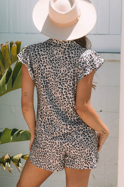 Leopard Half Zipper Collared Ruffled Sleeve Top and Short Set