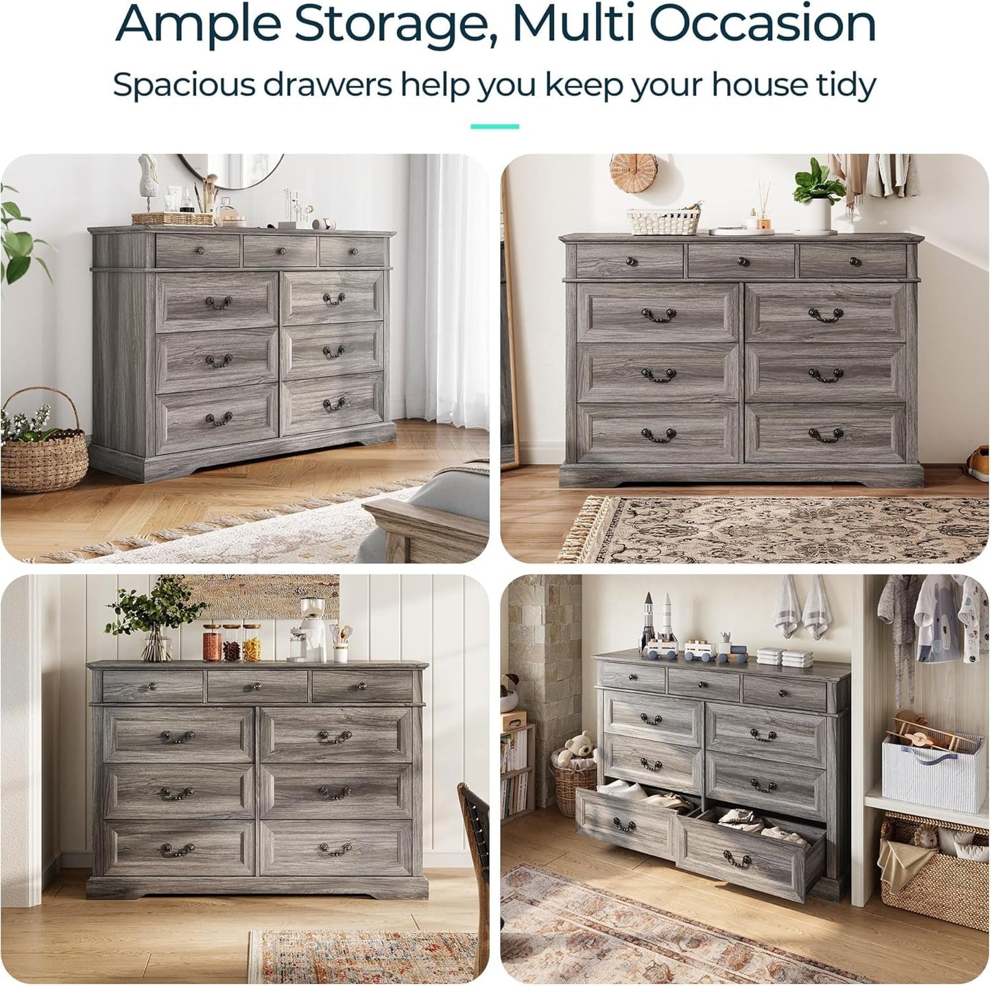 Grey 9-Drawer SolidWood Dresser For Bedroom Storage ShipItFurniture