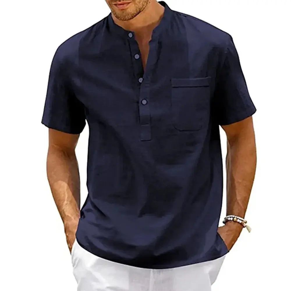 Men's Cotton Linen Shirt Henley Neck Pocket Streetwear Get it from Bo