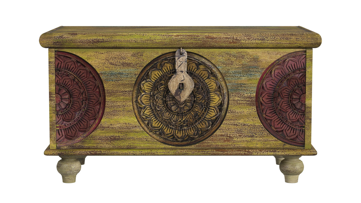 33" Brown and Green Wood Distressed Coffee Table