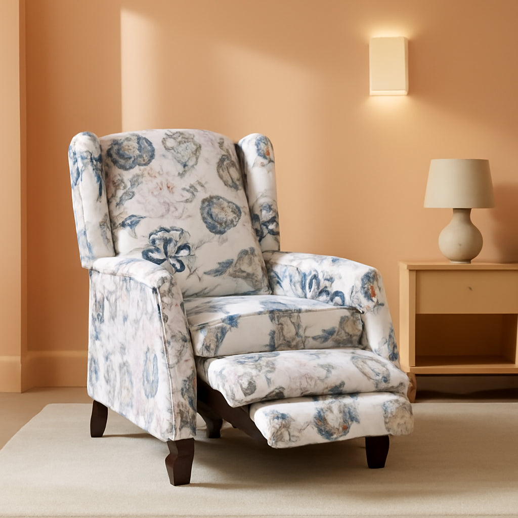 Upholstered Wingback Recliner Chair Blue Floral Elegant ShipItFurniture