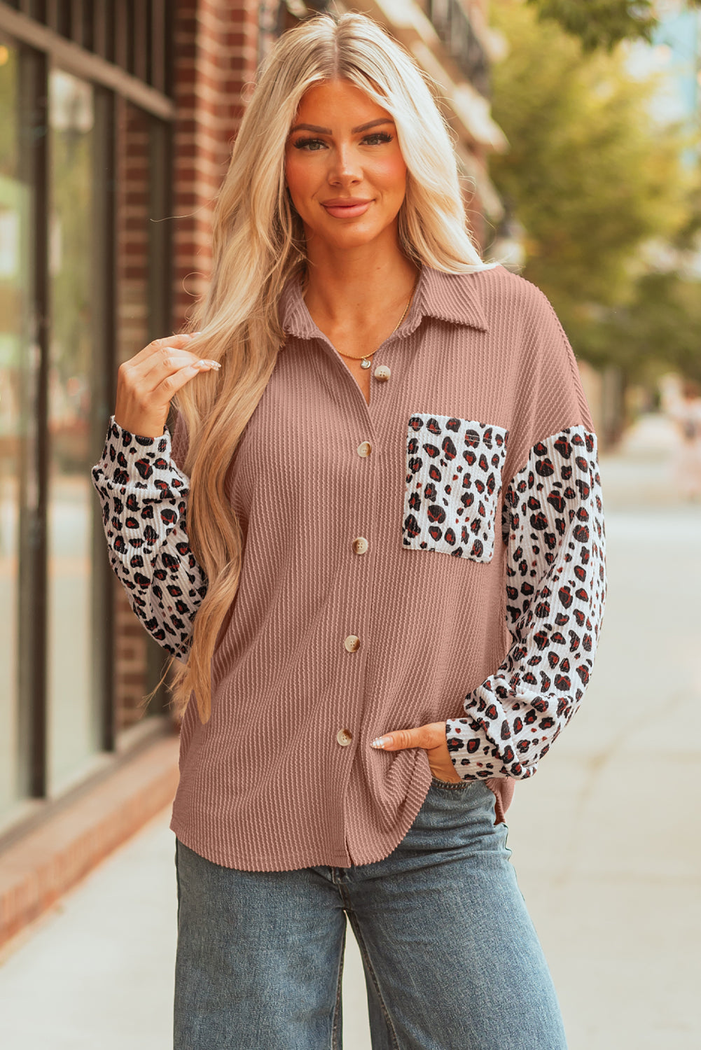 Journee Leopard Ribbed Casual Shacket Threaded Pear