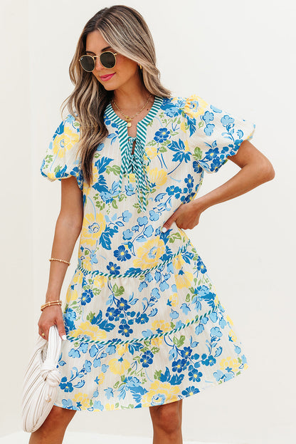 Payton Floral Striped Trim Puff Short Sleeve Dress