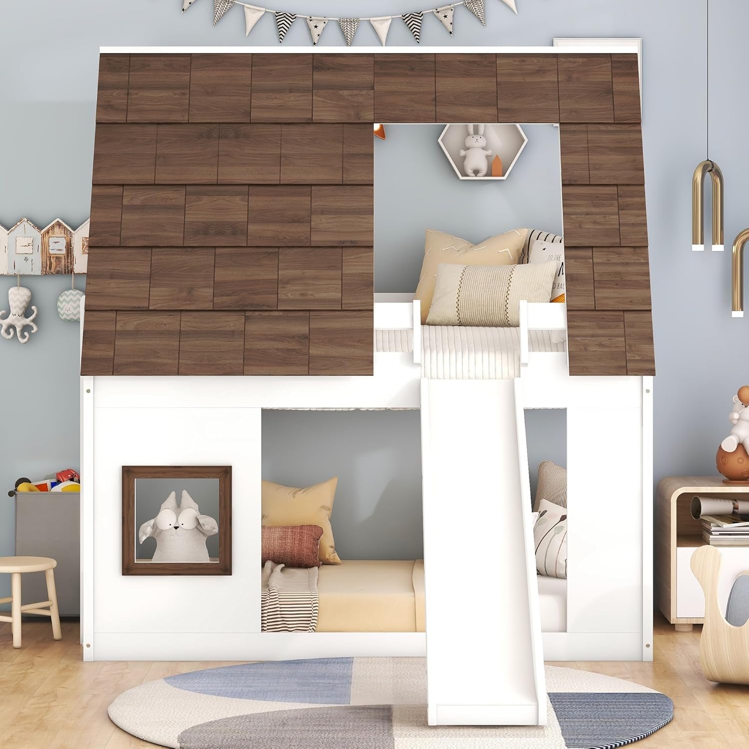Bunk Bed Twin over Twin, Bunk Bed with Slides and Stairs, House Bunk Bed with Roof, Twin Bunk Bed for Kids, Teens, Kids Bunk Beds, White+Brown ShipItFurniture