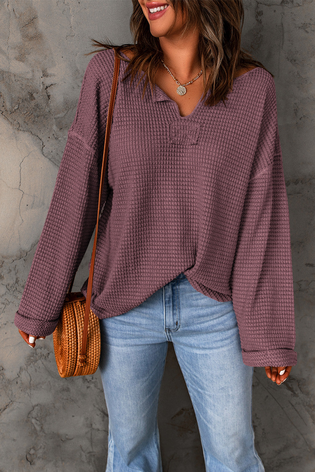Evelyn Waffle Knit Loose Long Sleeve Top