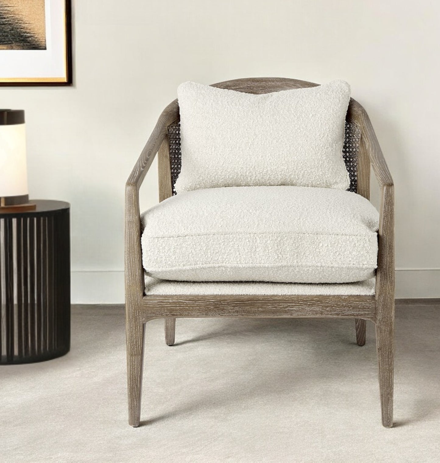 29" Cream and Brown Boucle Arm Chair