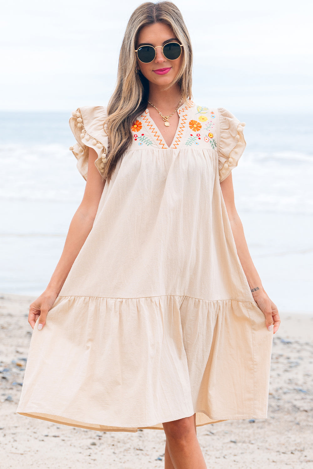 Meredith Embroidery Split Neck Short Dress