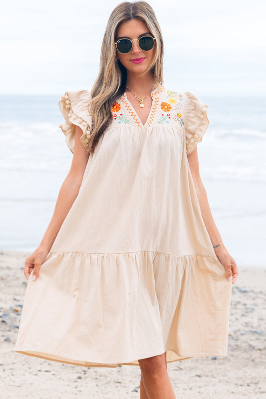 Meredith Embroidery Split Neck Short Dress