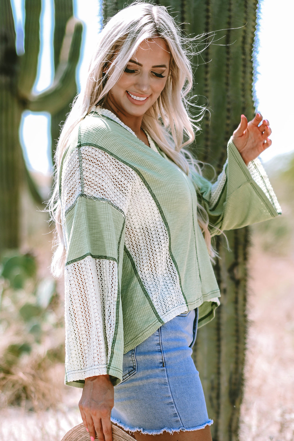 Ruby Crochet Detail Exposed Seam High Low Loose Top Threaded Pear