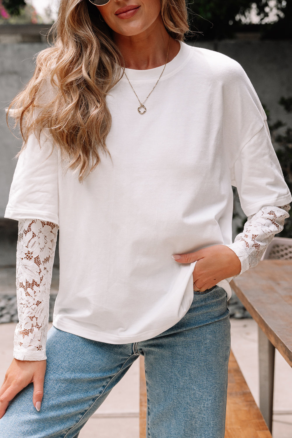 Hallie Lace Long Sleeve Insert Drop Shoulder Top Threaded Pear