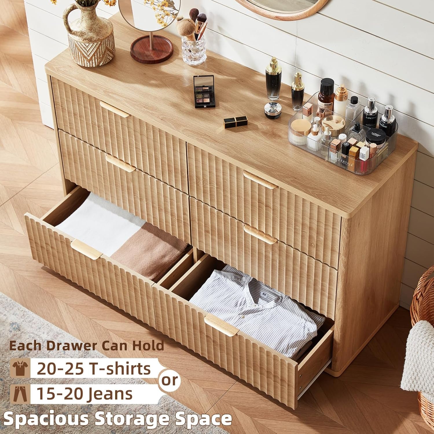 Fluted 6 Drawer Dresser 48 Inch Natural Wood Finish ShipItFurniture