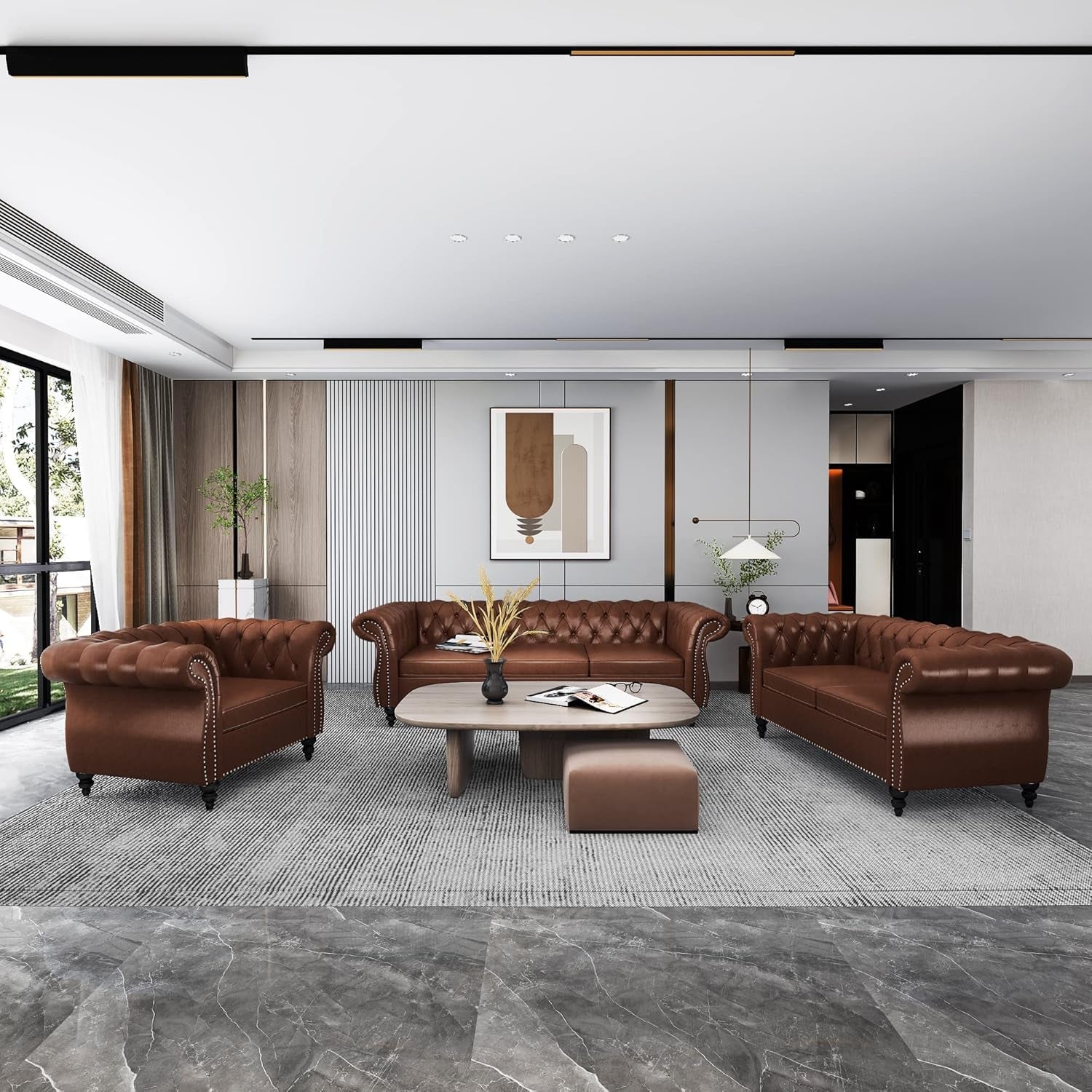 3 Piece Living Room Set With Sectional Chesterfield Sofa Chair And Leather Upholstered Loveseat ShipItFurniture