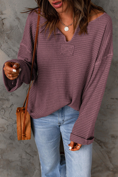 Evelyn Waffle Knit Loose Long Sleeve Top