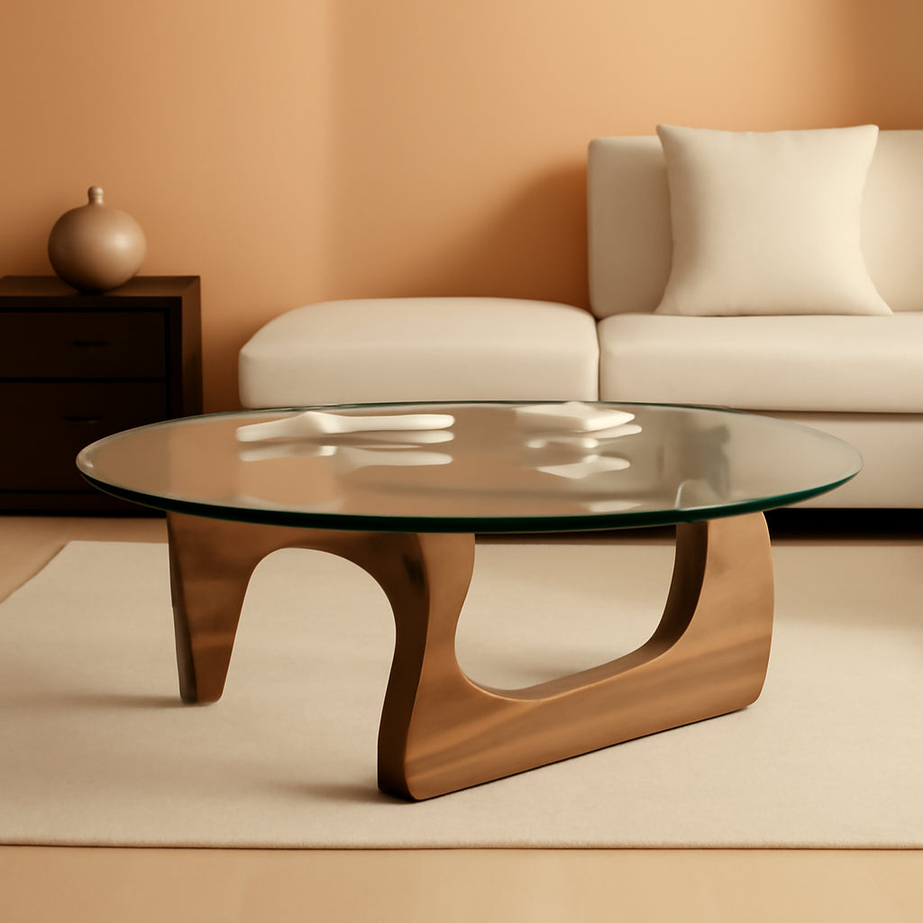 Walnut Clear Glass Oval Coffee Table Diameter 32.68 Inch ShipItFurniture