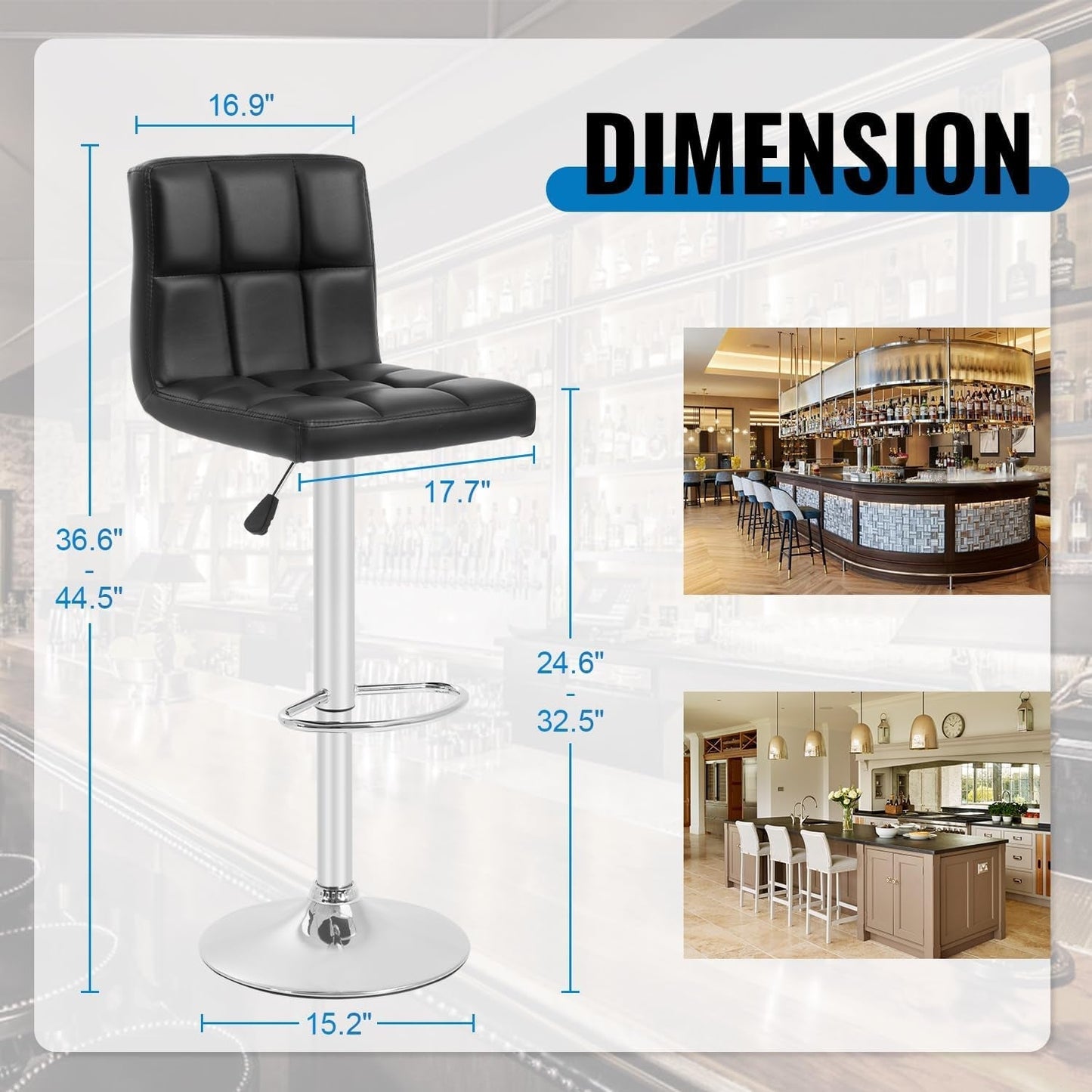 Bar Stools Set of 2, Adjustable Swivel Bar Stools, Counter Height Bar Stools with Back PU Leather Armless Hydraulic Kitchen Counter Bar Stool (Black) ShipItFurniture