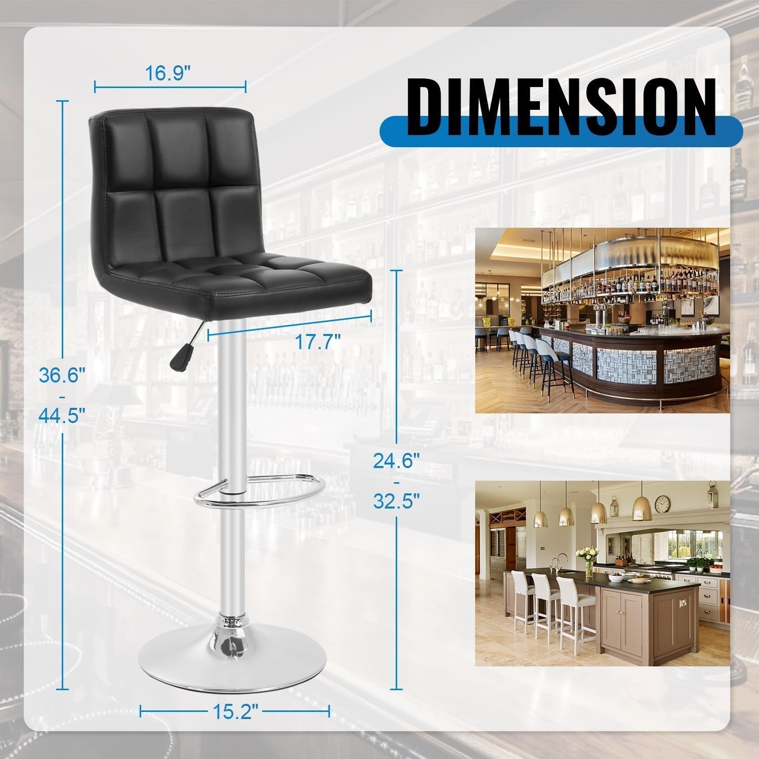 Bar Stools Set of 2, Adjustable Swivel Bar Stools, Counter Height Bar Stools with Back PU Leather Armless Hydraulic Kitchen Counter Bar Stool (Black) ShipItFurniture