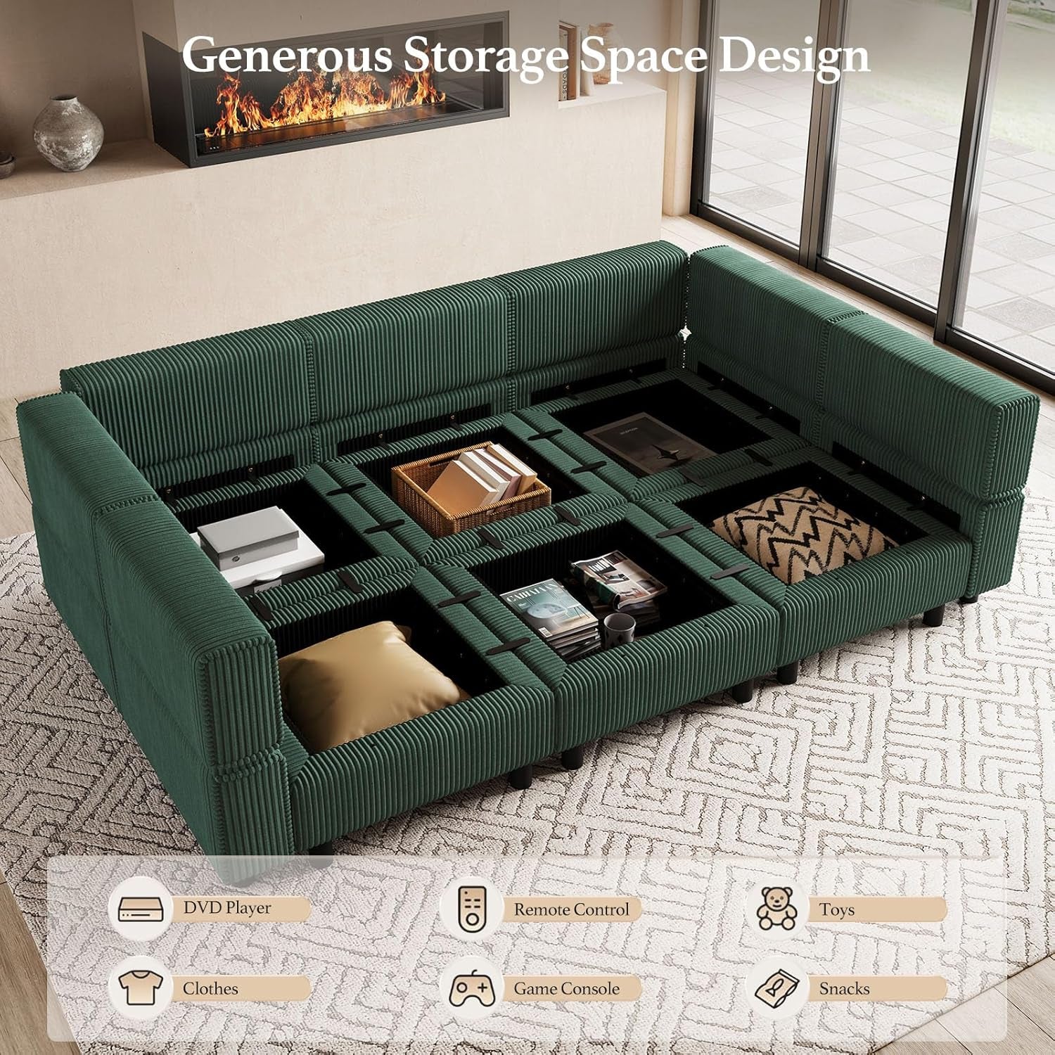 Green Modular Sectional Sofa Featuring Deep Storage ShipItFurniture