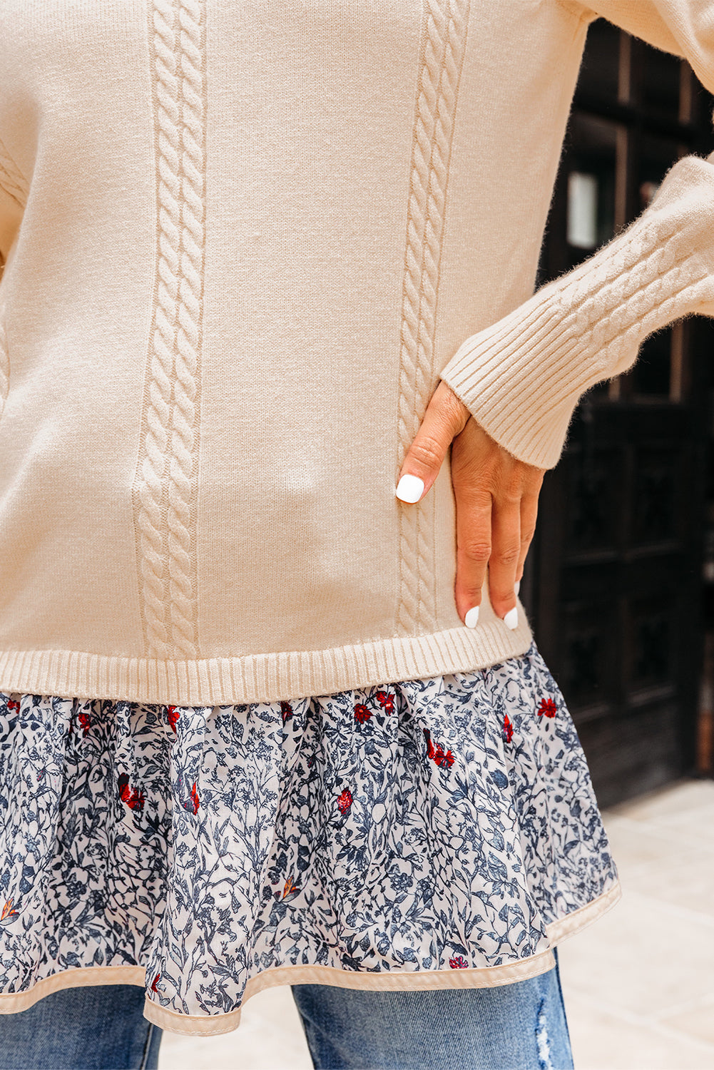 Mary Cable Texture Bohemian Ruffle Hem Sweater Threaded Pear