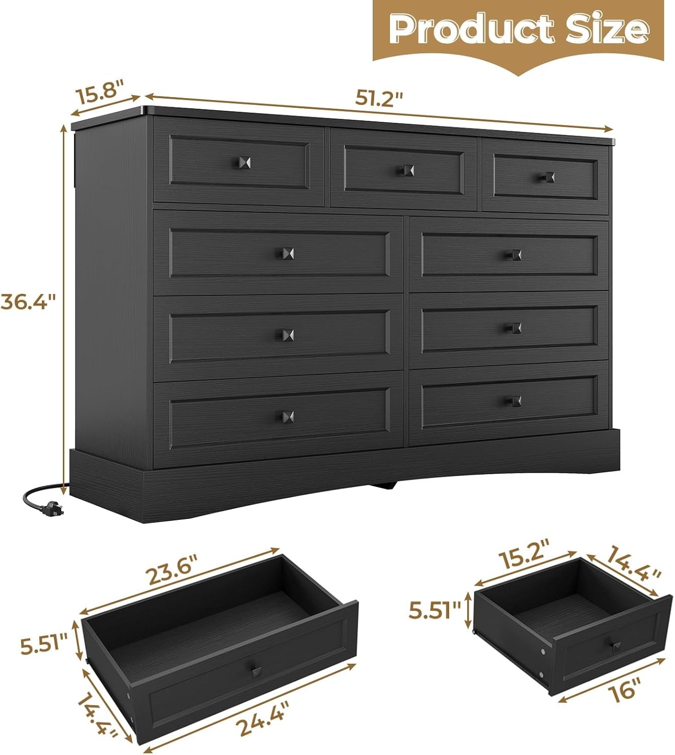 Black Dresser for Bedroom with 9 Drawers, 51.2" Large Drawer Dresser with Charging Station, Wide Farmhouse Dresser Chest of Drawers, Wooden Storage Tower Organizer, Dresser for Bedroom Closet ShipItFurniture