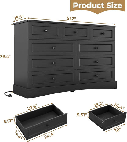 Black Dresser for Bedroom with 9 Drawers, 51.2" Large Drawer Dresser with Charging Station, Wide Farmhouse Dresser Chest of Drawers, Wooden Storage Tower Organizer, Dresser for Bedroom Closet ShipItFurniture